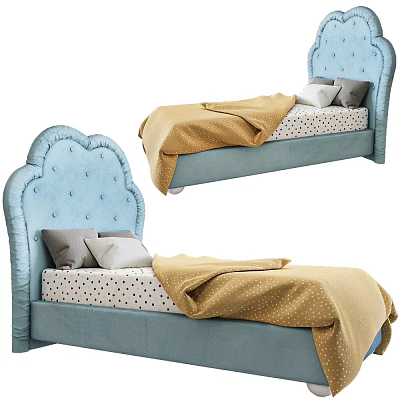 Blue Kids Bed With Tufted Cloud Headboard Polka Dot Mattress Yellow Blanket And Gray Pillows 3d model
