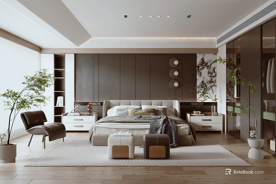 Modern Bedroom Interior Design With Dark Brown Wall Panels Bedside Tables And Green Plants 3d model 