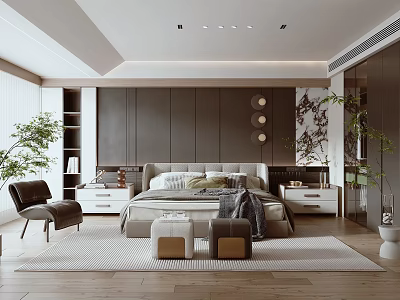 Modern Bedroom Interior Design With Dark Brown Wall Panels Bedside Tables And Green Plants 3d model