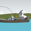 Enchanting Decorative Light Hanging Over Boat with Crescent Moon Rabbit and Starry Night Water Reflection