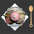 Colorful Ice Cream Sundae With Pink Bear Decoration Cookies And Candy Toppings In Pastel Bowl