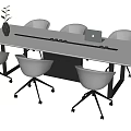 Modern Conference Table With White Tabletop Black Legs Laptop Vase Plant And Gray Chairs