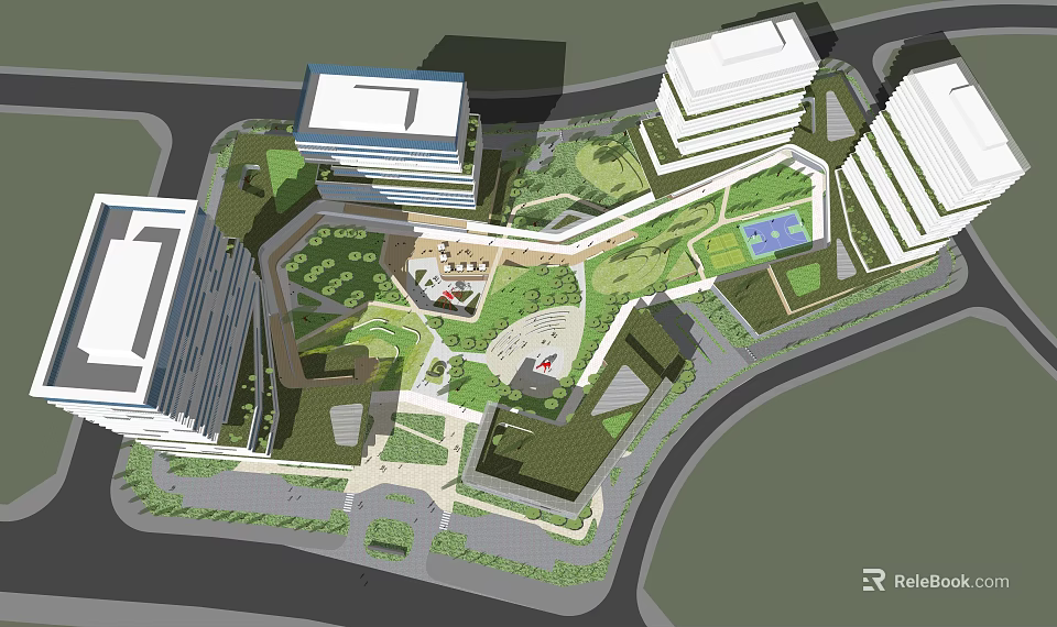Modern Urban Complex Design With Tall Buildings Green Spaces Interconnected Roads And Water Features 3d model 