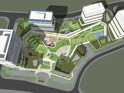 Modern Urban Complex Design With Tall Buildings Green Spaces Interconnected Roads And Water Features 3d model
