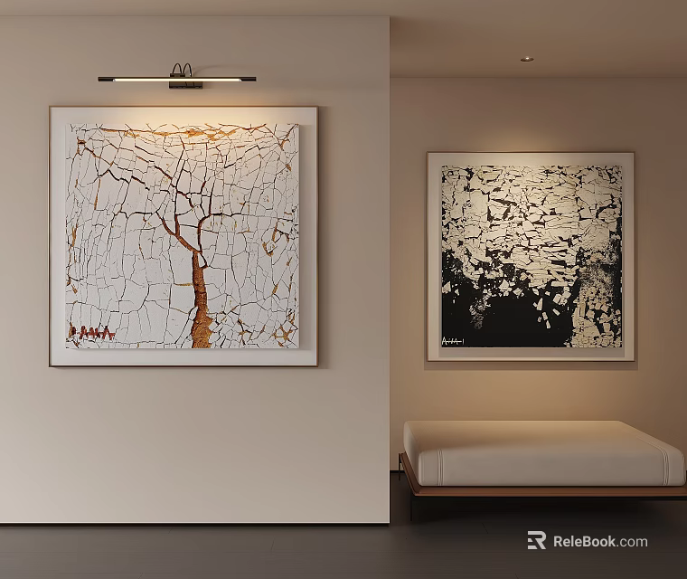 Two Abstract Paintings On Wall With Tree Texture And Black White Pattern In Interior Lighting 3d model 