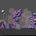 Cute Baby 100 Day Photo Spot With Pink Purple Balloons Teddy Bears Rainbow Rocking Horse