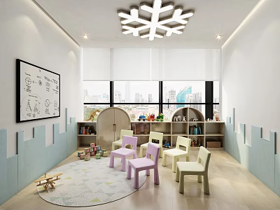Bright Kindergarten Classroom with Colorful Kids Chairs Toys Bookshelves Snowflake Chandelier and City View 3d model
