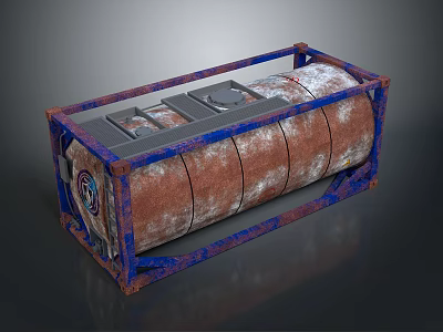 Rusty Metal Industrial Storage Tank With Blue Frame And Top Lid 3d model