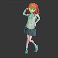 Red Haired Anime Girl In School Uniform With Hand On Head Pose Against Dark Background