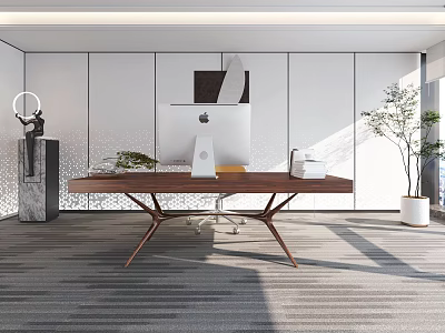 Modern Office Workspace Featuring Wooden Desk Computer And Indoor Green Plants 3d model