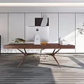 Modern Office Workspace Featuring Wooden Desk Computer And Indoor Green Plants