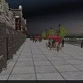 Traditional Commercial Street With Brick Buildings Stone Paved Walkway Red Canopies Street Lamps And Pedestrians