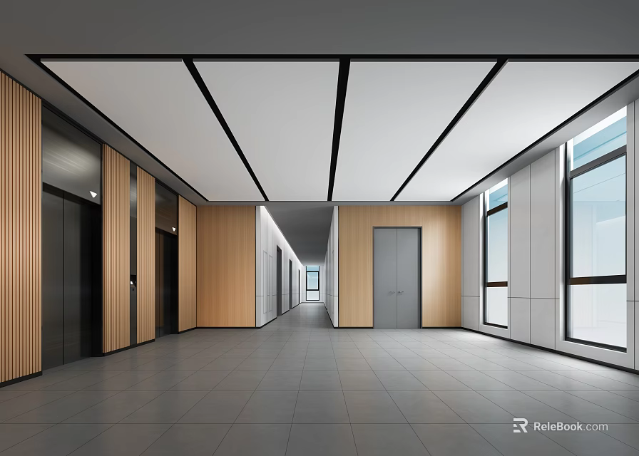 Modern Elevator Corridor Interior With Wooden Panels And Large Windows 3d model