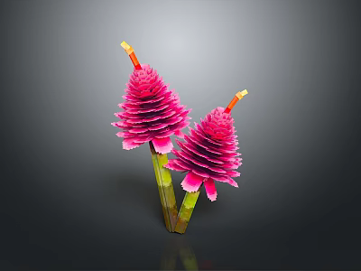 Two Pink Flower Like Plants With Layered Petals Green Stems And Yellow Tips 3d model
