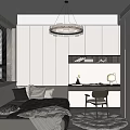 Modern Tatami Bedroom Interior Design With Window Blinds Chandelier Desk Chair And Cabinets