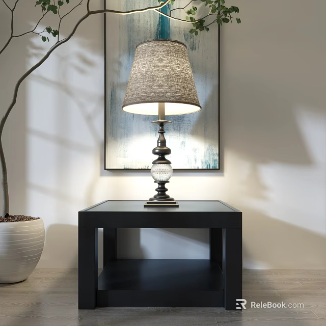 Elegant Table Lamp With Fabric Shade On Black Side Table And Decorative Painting 3d model 