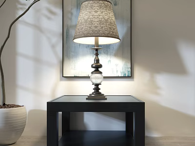 Elegant Table Lamp With Fabric Shade On Black Side Table And Decorative Painting 3d model