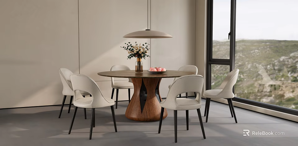 Modern Dining Table Set With Round Wooden Table And Six Curved Back Chairs 3d model 