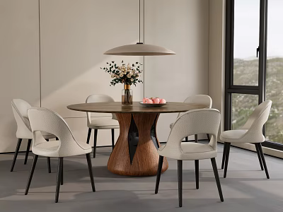 Modern Dining Table Set With Round Wooden Table And Six Curved Back Chairs 3d model