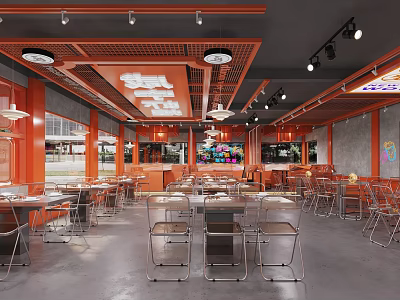Modern Hotpot Restaurant Interior With Orange Ceiling Metal Chairs And Lighting Fixtures 3d model