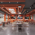 Modern Hotpot Restaurant Interior With Orange Ceiling Metal Chairs And Lighting Fixtures