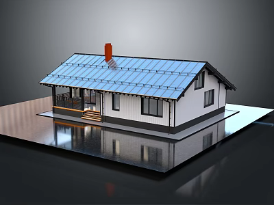 Modern White House With Blue Roof And Solar Panels Red Chimney Windows And Front Steps 3d model