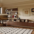 Modern Wooden Bookcase With Shelves Books Decorative Items And Artwork In Living Room