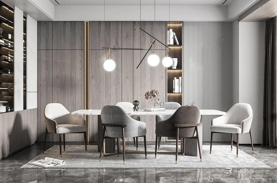 Stylish Modern Restaurant Interior With Round Dining Table And Pendant Lights 3d model 