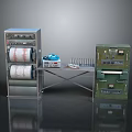 Vintage Computer Equipment With Reel Printers Control Consoles And Metal Frames 3d model