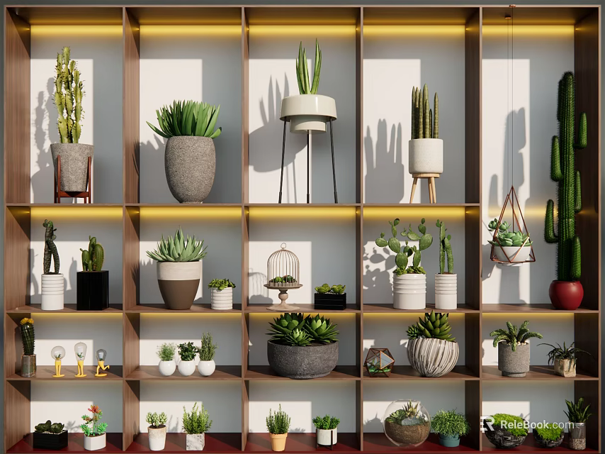 Bonsai Potted Plants Display On Multi Tiered Shelves With Various Pots And Decorative Items 3d model 