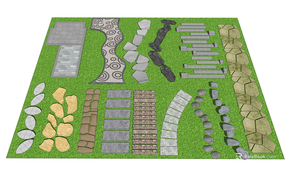Various Road Paving Materials and Path Designs with Stone Slabs Bricks and Patterned Walkways 3d model 