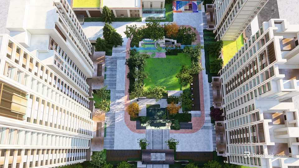 Residential Landscape Featuring Central Green Courtyard Lawn And Surrounding High Rise Buildings 3d model 