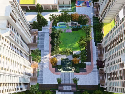 Residential Landscape Featuring Central Green Courtyard Lawn And Surrounding High Rise Buildings 3d model