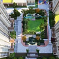 Residential Landscape Featuring Central Green Courtyard Lawn And Surrounding High Rise Buildings
