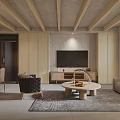 Modern Living And Dining Room Interior With Wooden Ceiling Beams Sofa Coffee Table And Plant