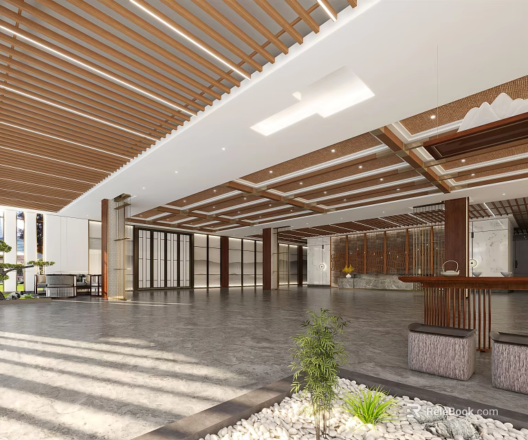 Modern Hotel Lobby Interior with Wooden Ceiling Glass Doors Reception Desk Green Plants Marble Floor 3d model 