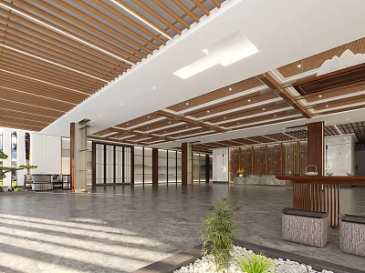 Modern Hotel Lobby Interior with Wooden Ceiling Glass Doors Reception Desk Green Plants Marble Floor 3d model
