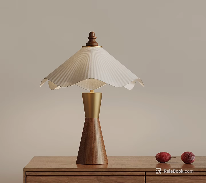 White Pleated Shade Table Lamp With Walnut Base And Gold Stem And Red Decor Items 3d model 