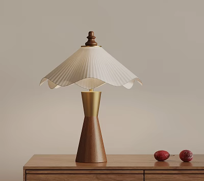White Pleated Shade Table Lamp With Walnut Base And Gold Stem And Red Decor Items 3d model