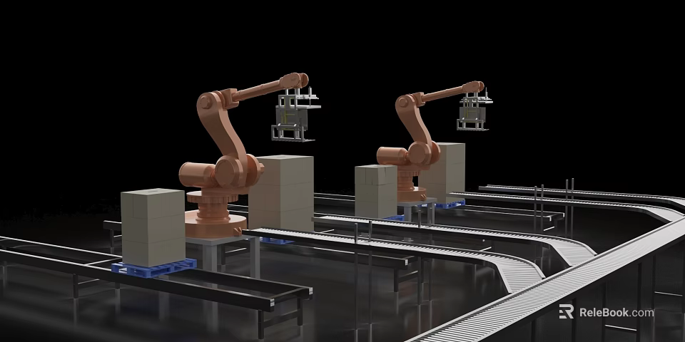 Industrial Robotic Arms Working On Automated Conveyor Belt Production Line 3d model 