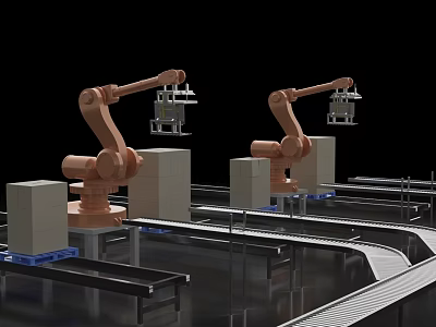 Industrial Robotic Arms Working On Automated Conveyor Belt Production Line 3d model