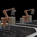 Industrial Robotic Arms Working On Automated Conveyor Belt Production Line