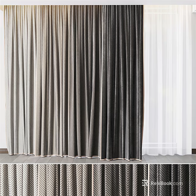 Stylish Curtains in Gray White and Dark Gray Tones with Soft Fabric for Interior Design 3d model 