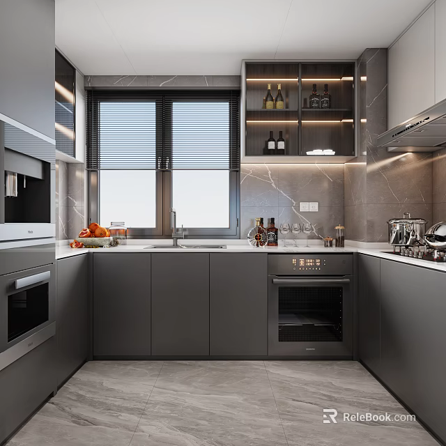 Modern Kitchen With Gray Cabinets Marble Walls Window Blinds Appliances And Countertop Fruits 3d model 