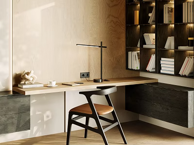 Modern Home Office Desk With Wooden Wall Bookshelf Table Lamp And Chair 3d model