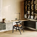 Modern Home Office Desk With Wooden Wall Bookshelf Table Lamp And Chair