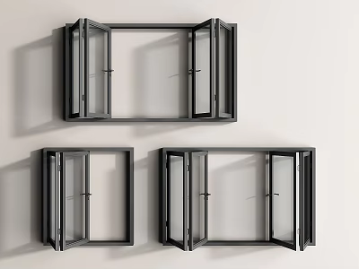 Open Black Frame Windows In Various Styles Mounted On Light Wall Background 3d model