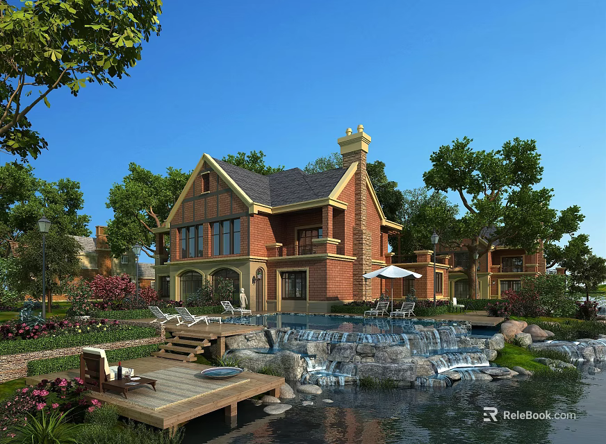 Red Brick Detached Villa With Dark Roof Lush Green Trees Pond Waterfall And Wooden Deck 3d model 