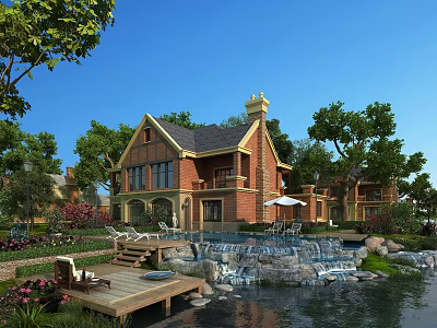 Red Brick Detached Villa With Dark Roof Lush Green Trees Pond Waterfall And Wooden Deck 3d model