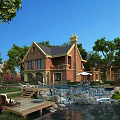 Red Brick Detached Villa With Dark Roof Lush Green Trees Pond Waterfall And Wooden Deck